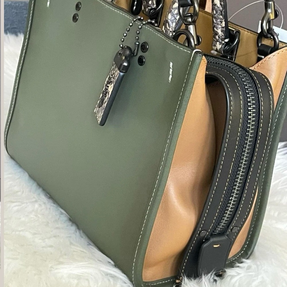 Coach Rogue 25 Army Green Smooth  Leather Satchel with Snakeskin Handles - Picture 5 of 10